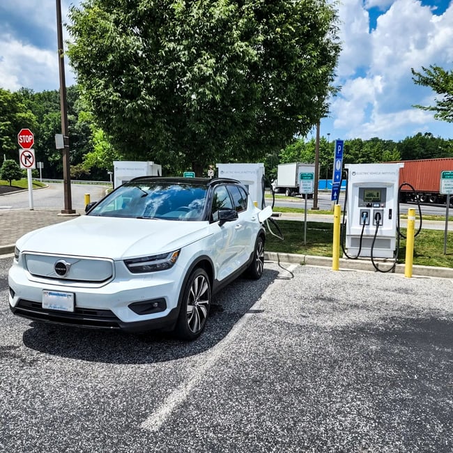 EV Ambassador Nicole Cooper Charging at rest stop in Maryland Volvo XC40 for blog