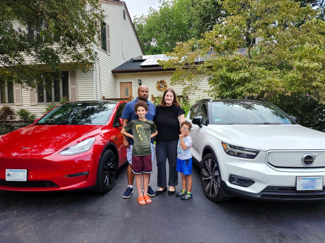 EV Ambassador Nicole Cooper and family red Tesla Model Y white Volvo XC40 two kids cute_sent for blog