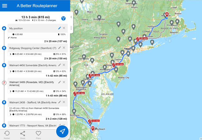 EV Ambassador Nicole Cooper screenshot of charging route MA to VA_for blog