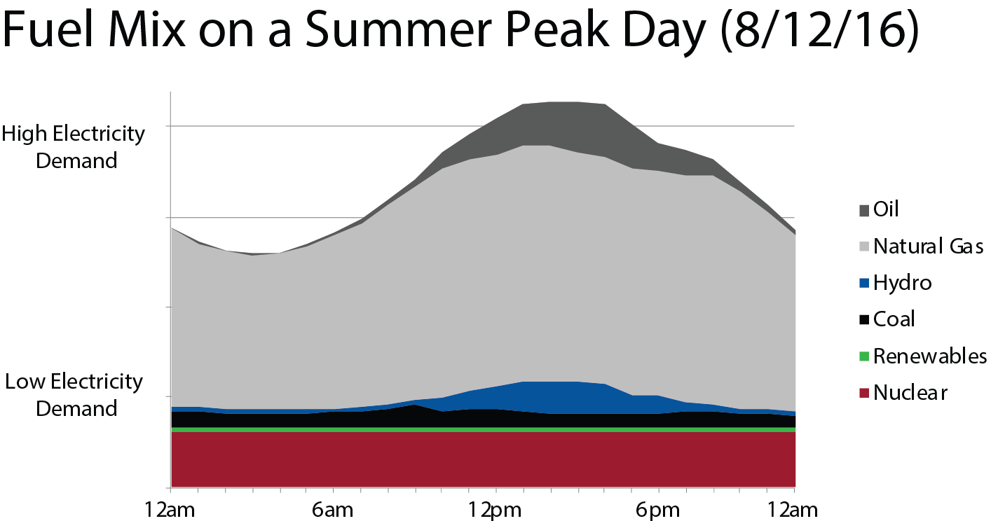 Shave the Peak, Graphs_Fuel Mix on a Summer Peak Day, 8-12-16