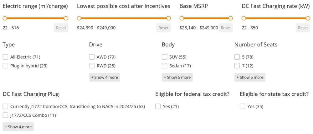 filter options - ev finder blog
