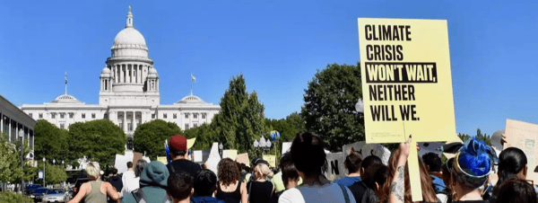 climate, protest, rally, capital, rhode island state house, advocacy, sign, climate crisis wont wait